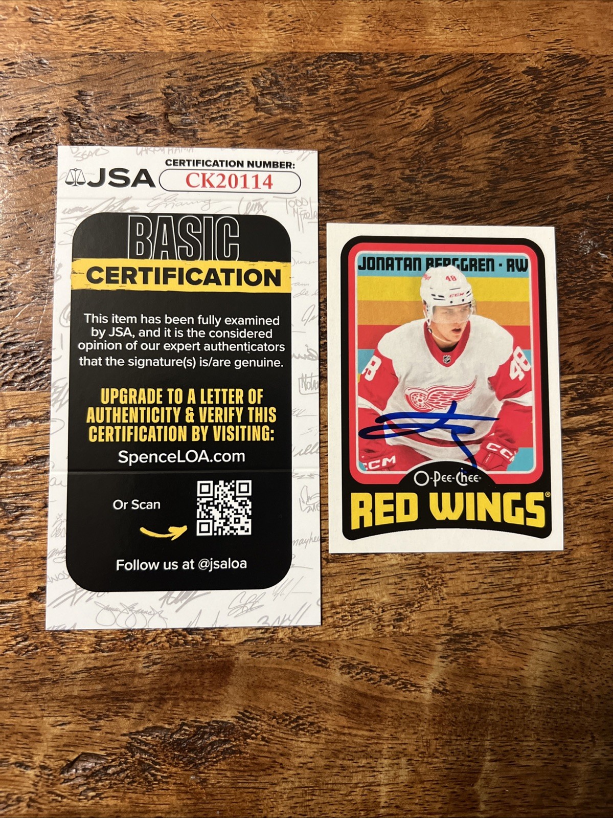 Jonatan Berggren IP Signed O Pee Chee Card JSA Coa Red Wings Autographed