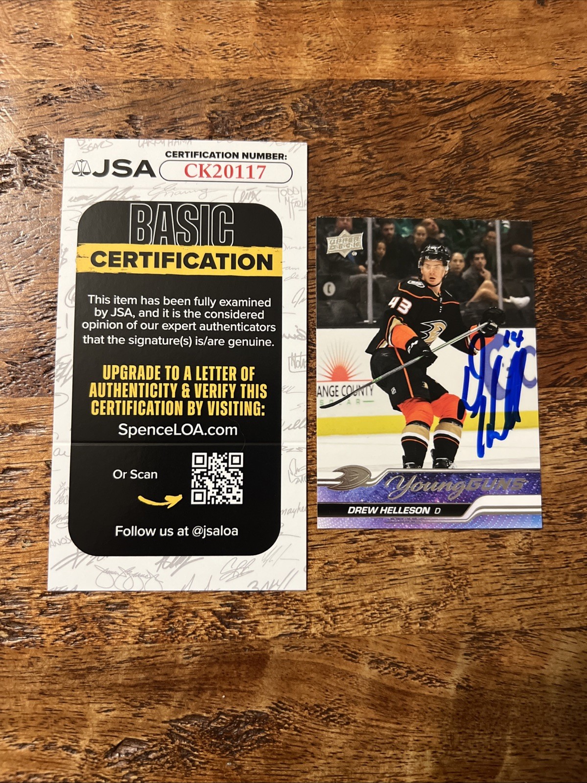 Drew Helleson IP Signed UD Young Guns Card JSA Coa Ducks Autographed