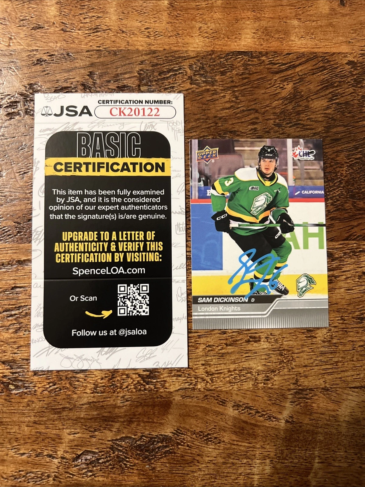 Sam Dickinson IP Signed Upper Deck Card JSA Coa Sharks Autographed