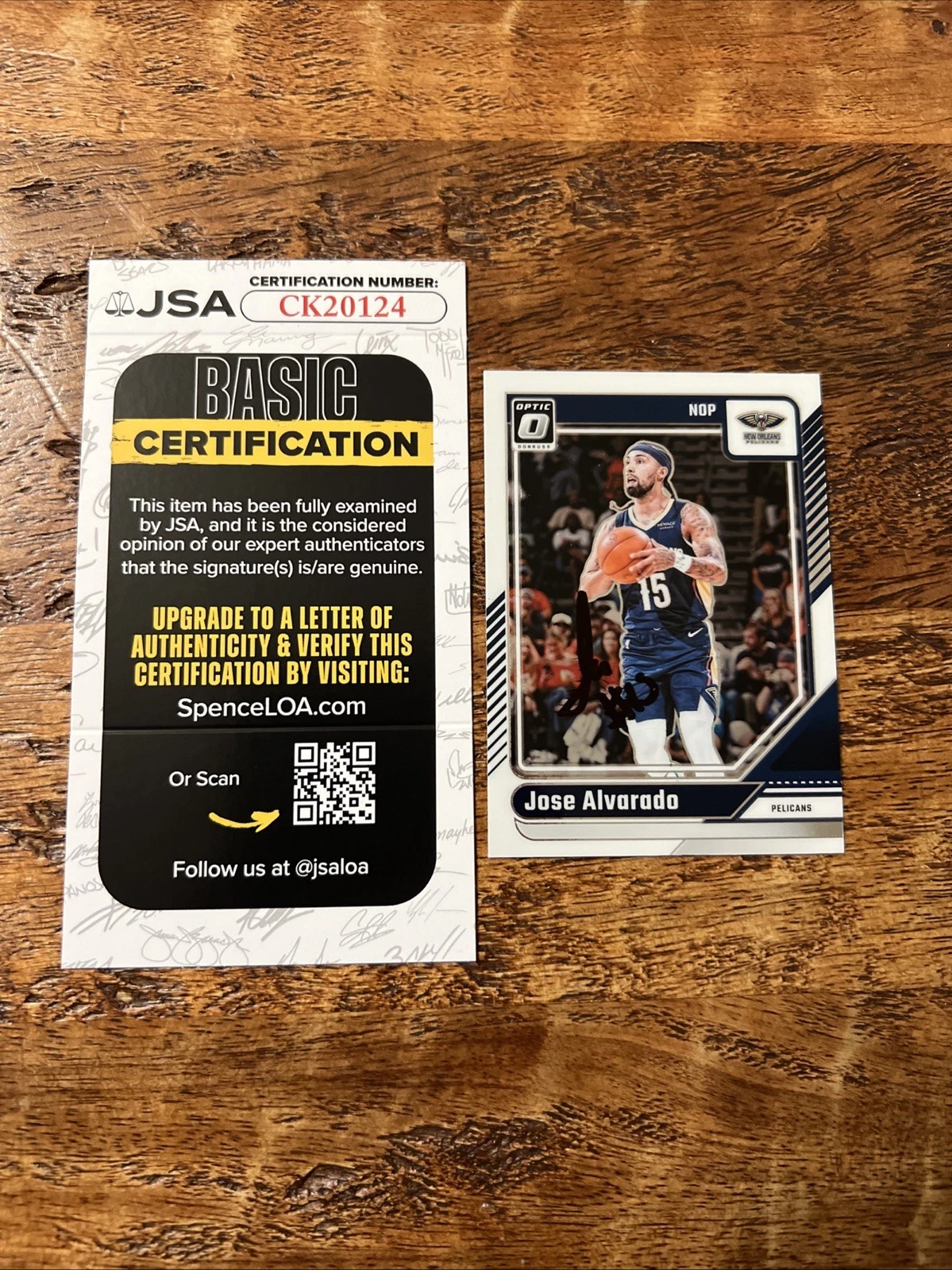 Jose Alvarado IP Signed Panini Optic Card JSA Coa Pelicans Autographed