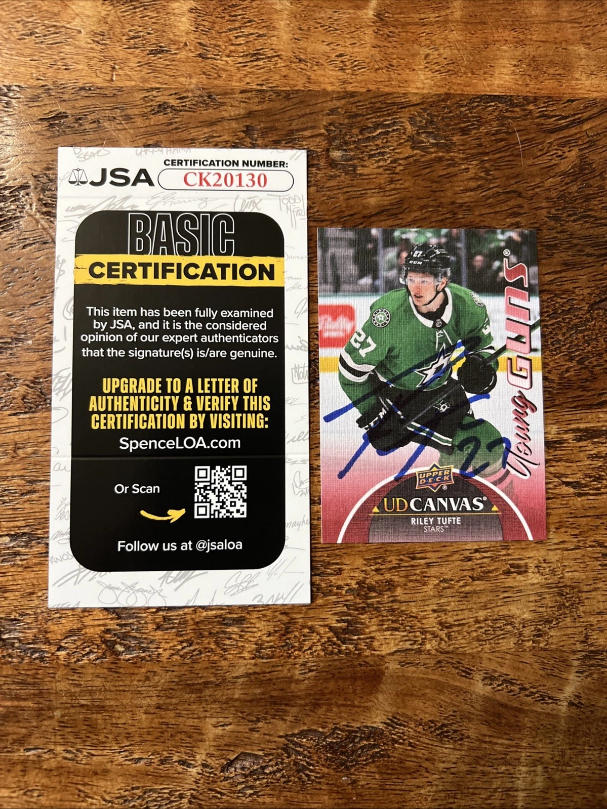Riley Tufte IP Signed UD Young Guns Canvas Card JSA Coa Stars Autographed