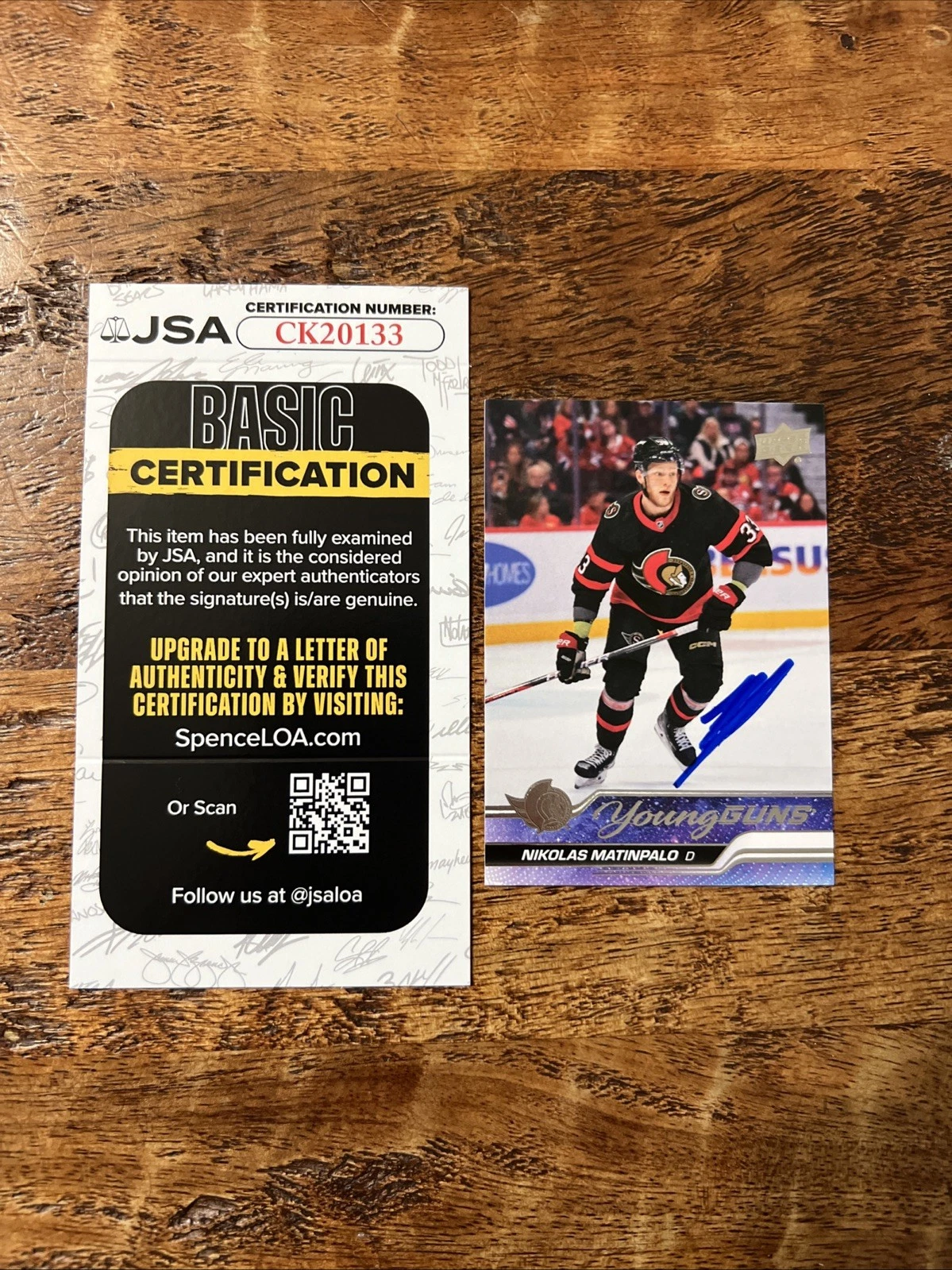 Nikolas Matinpalo IP Signed UD Young Guns Card JSA Coa Senators Autographed
