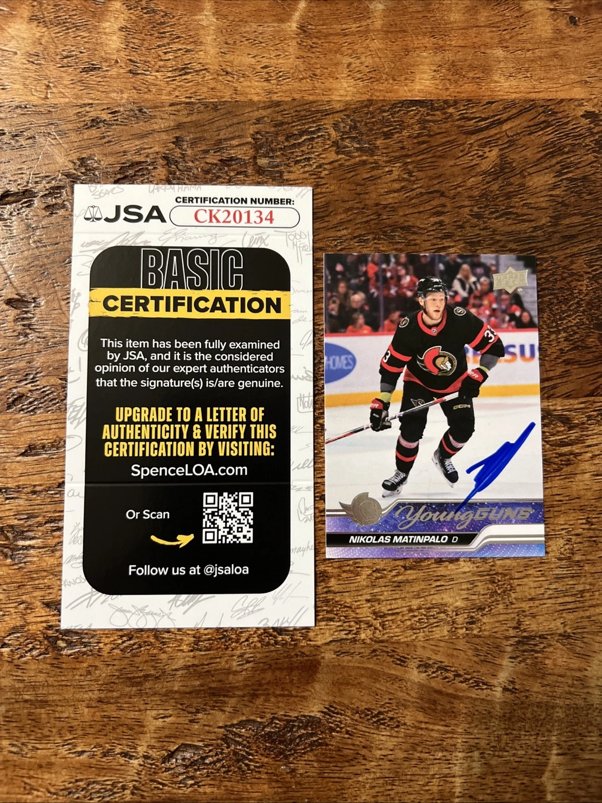 Nikolas Matinpalo IP Signed UD Young Guns Card JSA Coa Senators Autographed