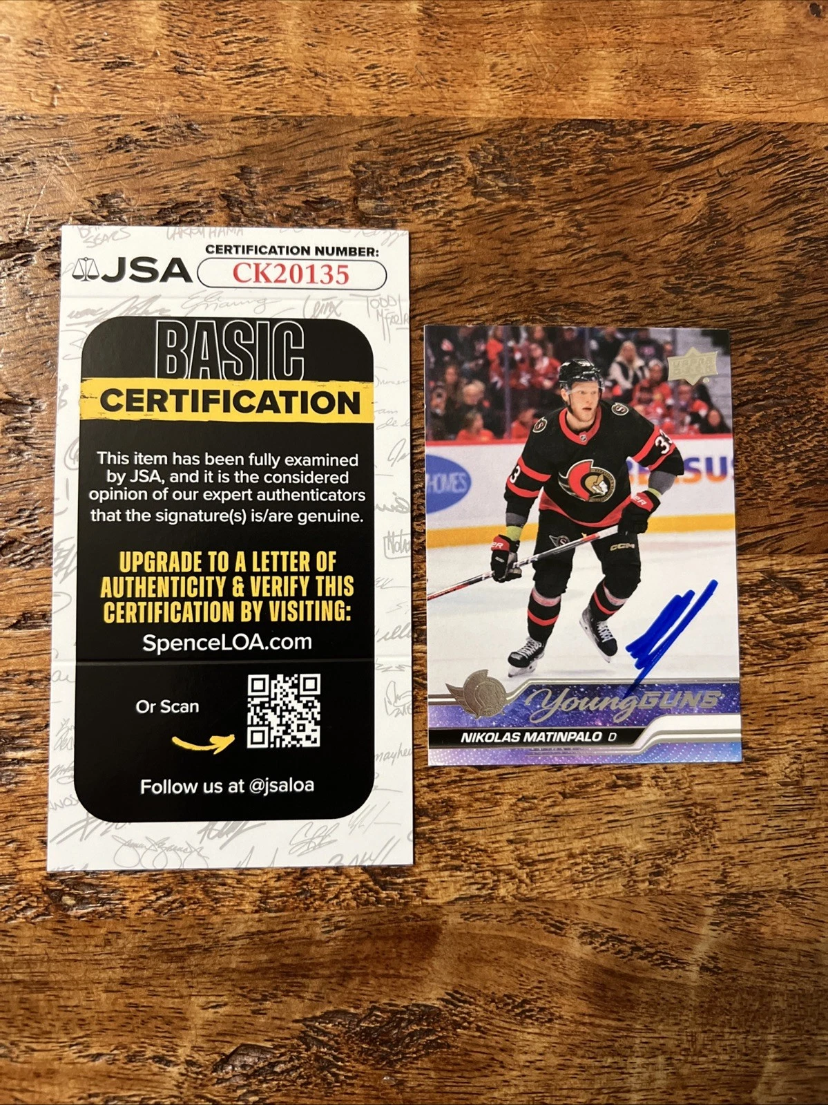 Nikolas Matinpalo IP Signed UD Young Guns Card JSA Coa Senators Autographed