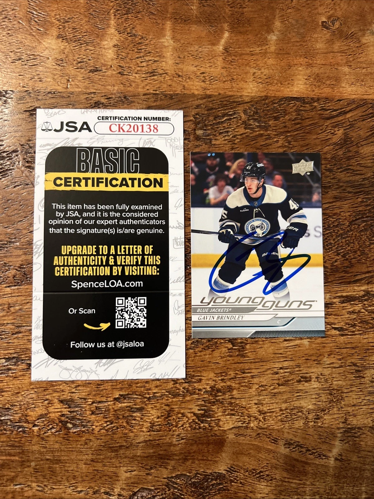 Gavin Brindley IP Signed UD Young Guns Card JSA Coa Blue Jackets Autographed