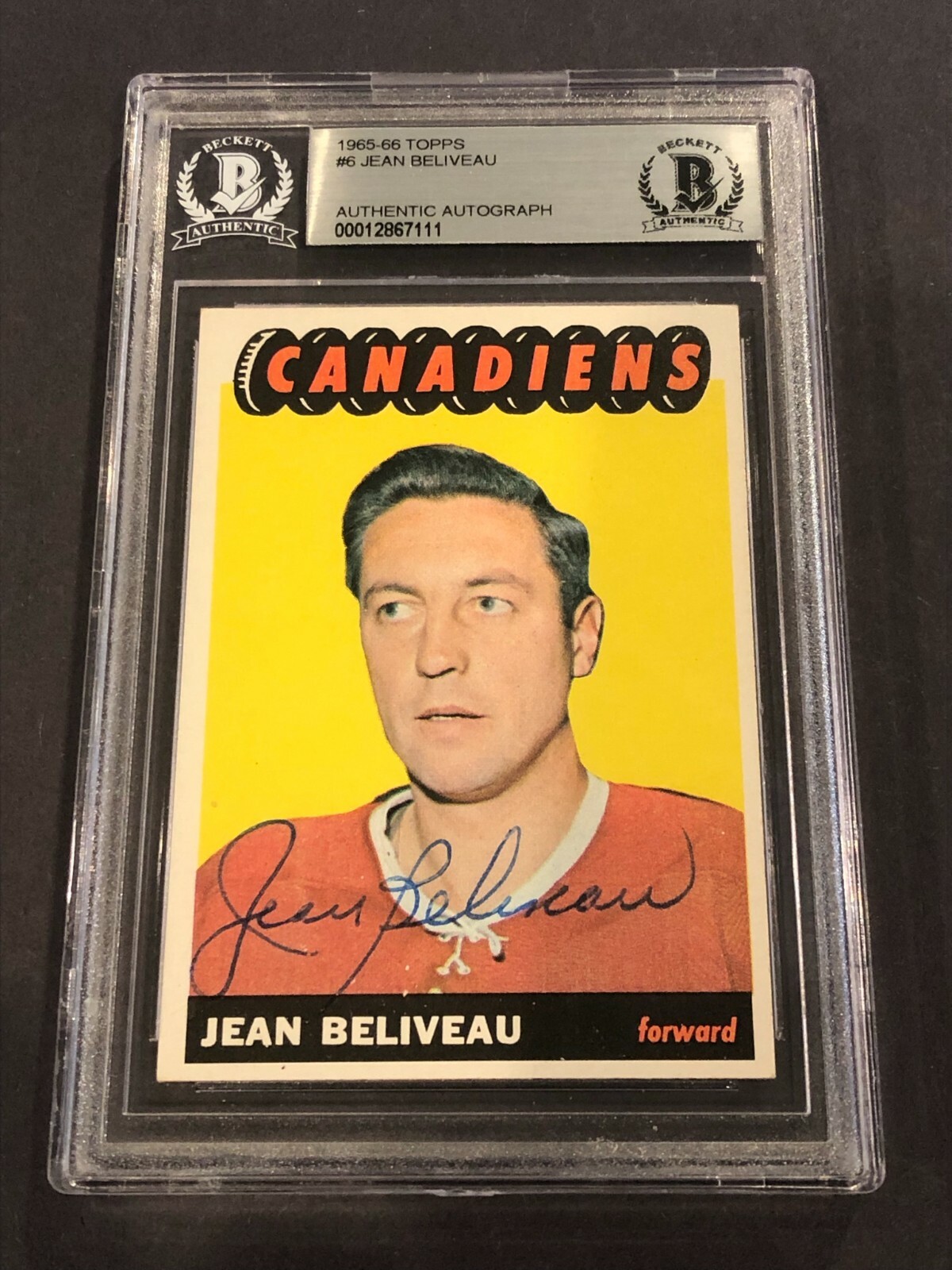 JEAN BELIVEAU Signed 1965-66 TOPPS Card #6 Beckett Authenticated (BAS)