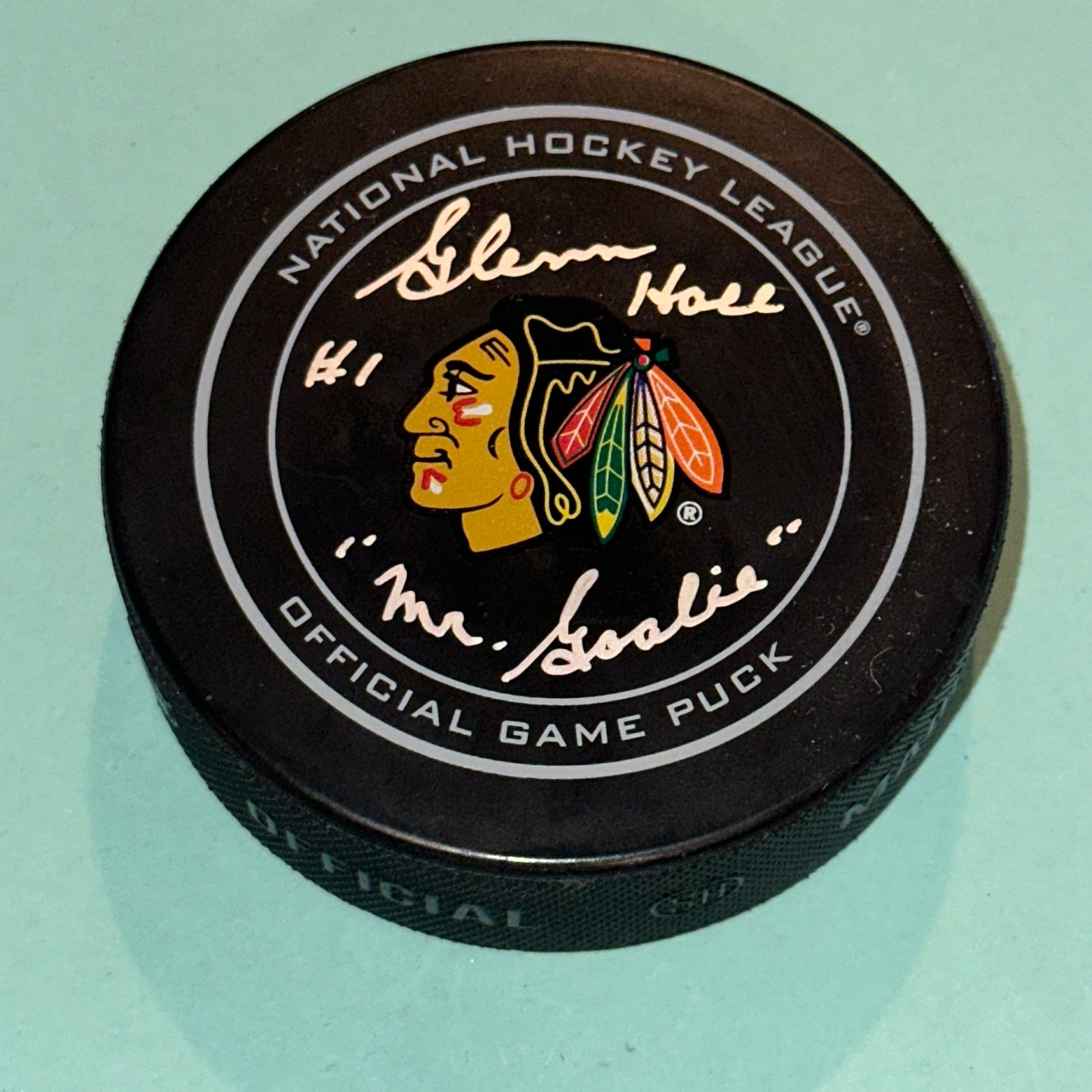 GLENN HALL Signed Chicago BLACKHAWKS Official GAME Puck Beckett (BAS) w/ Inscr