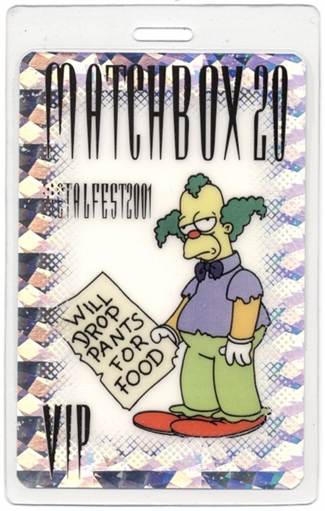 Matchbox 20 2001 Mad Season Tour VIP Laminated Backstage Pass - Krusty clown
