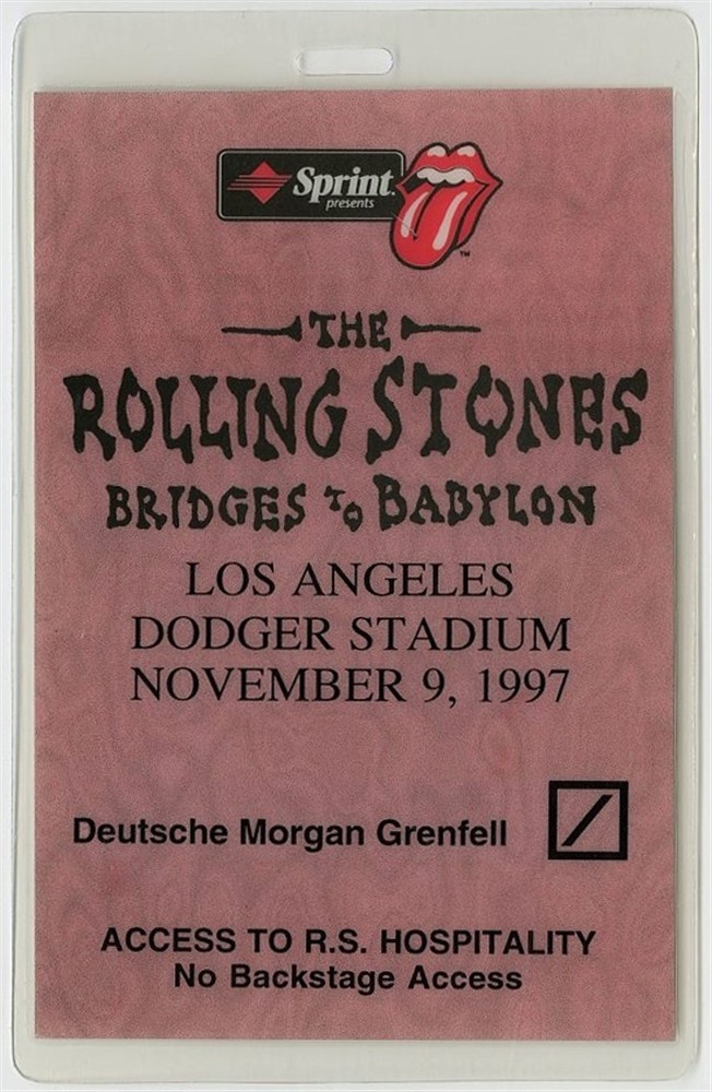 Rolling Stones 1997 Bridges to Babylon Tour Laminated Backstage Pass