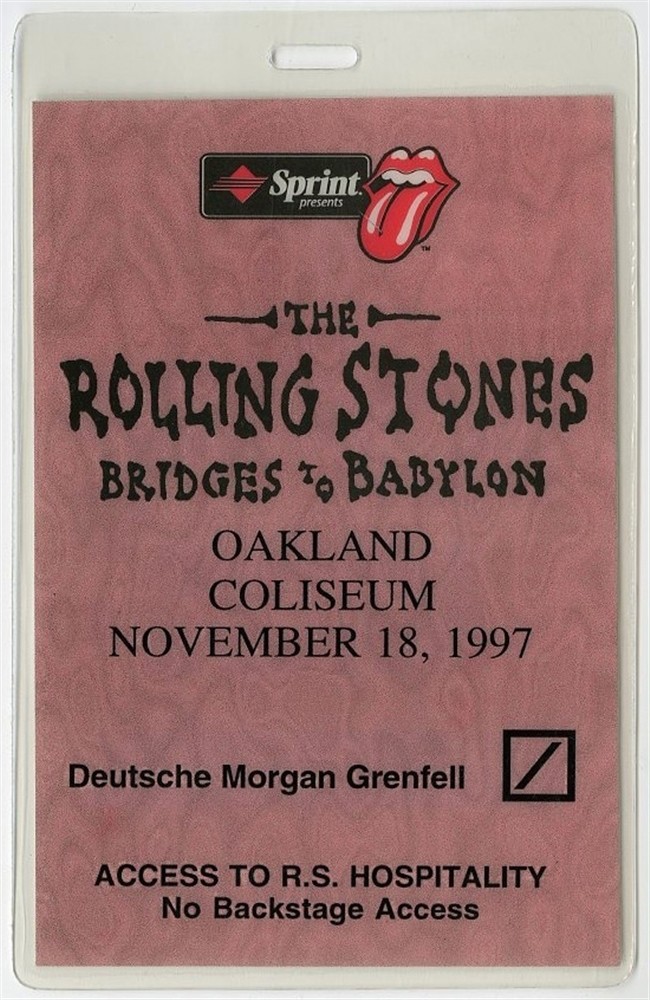 Rolling Stones 1997 Bridges to Babylon Tour Oakland Laminated Backstage Pass