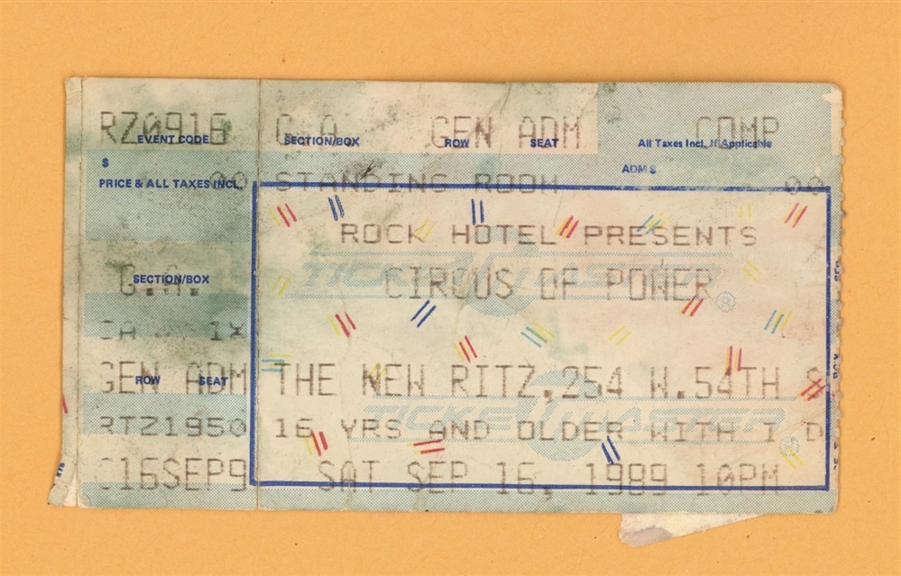Circus of Power @ The New Ritz Ticket Stub - 1989 Debut Tour