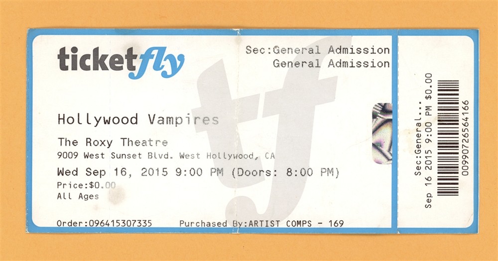 Hollywood Vampires @ Roxy Theatre Ticket Stub - 2015 US Tour