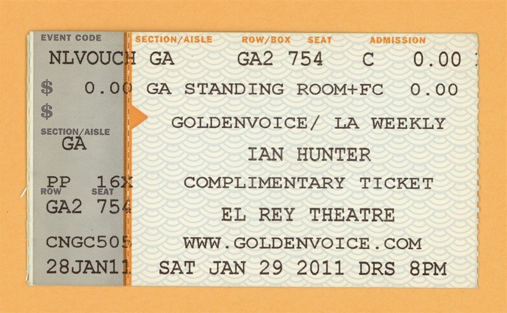 Ian Hunter @ El Rey Theatre Ticket Stub - 2011 Man Overboard Tour