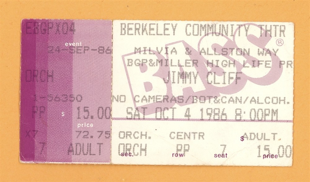 Jimmy Cliff @ Berkeley Community Theatre Ticket Stub - 1986 Club Paradise Tour