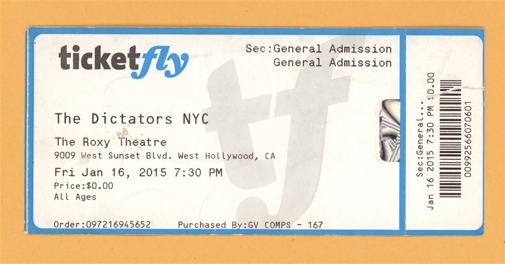 The Dictators @ Roxy Theatre Ticket Stub - 2015 US Tour