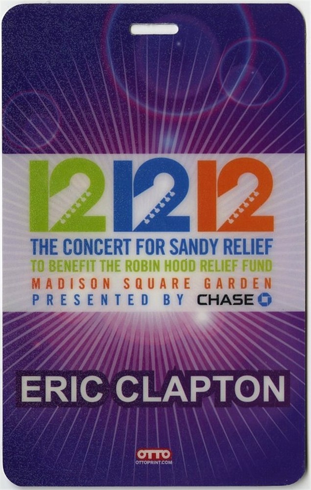 Eric Clapton 12/12/12 Concert for Sandy Relief Laminate Backstage Pass
