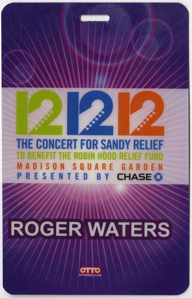 Roger Waters 2012 Sandy Relief Concert Tour Laminated Backstage Pass Pink Floyd