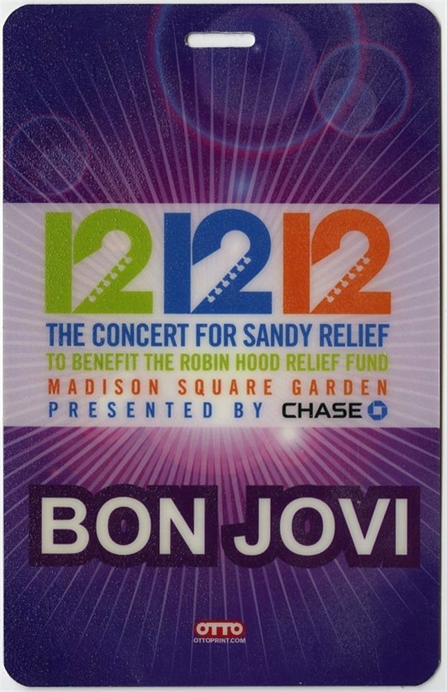 Bon Jovi 12/12/12 Concert for Sandy Relief Laminated Backstage Pass