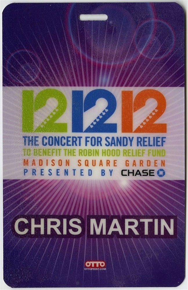 Chris Martin 12/12/12 Concert for Sandy Relief Laminated Backstage Pass Coldplay