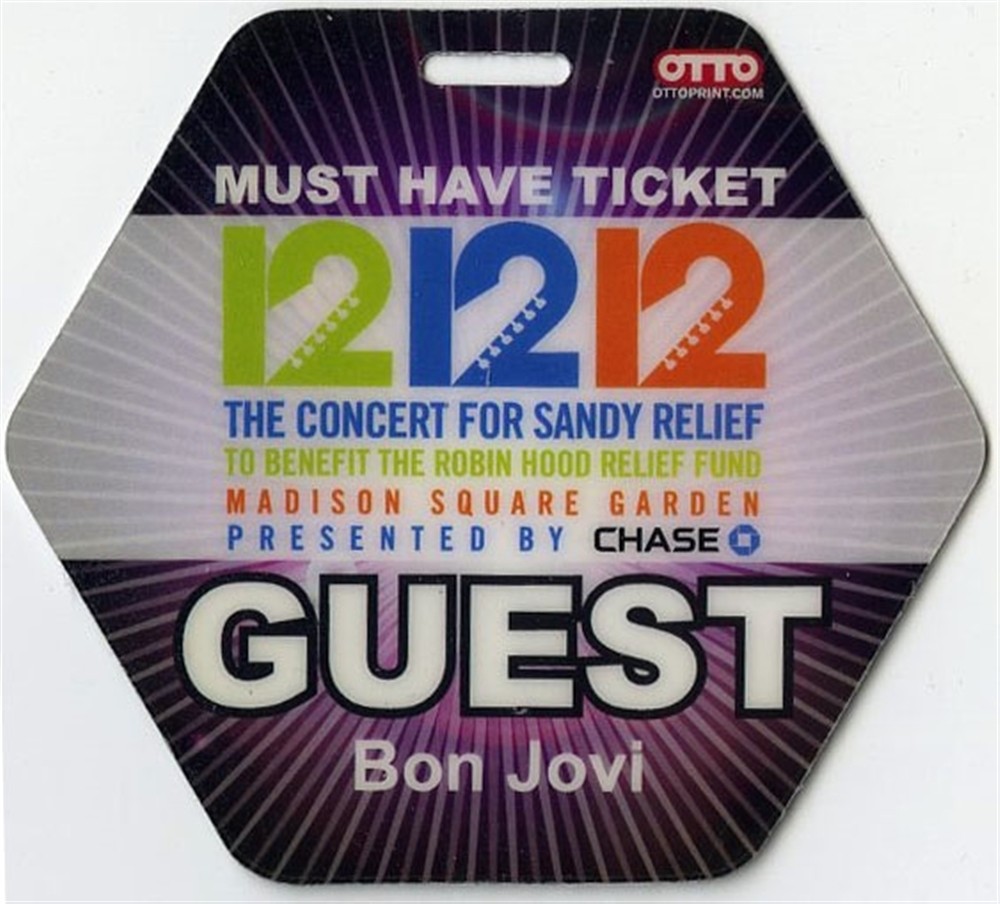 Bon Jovi 12/12/12 Concert for Sandy Relief Guest Laminated Backstage Pass