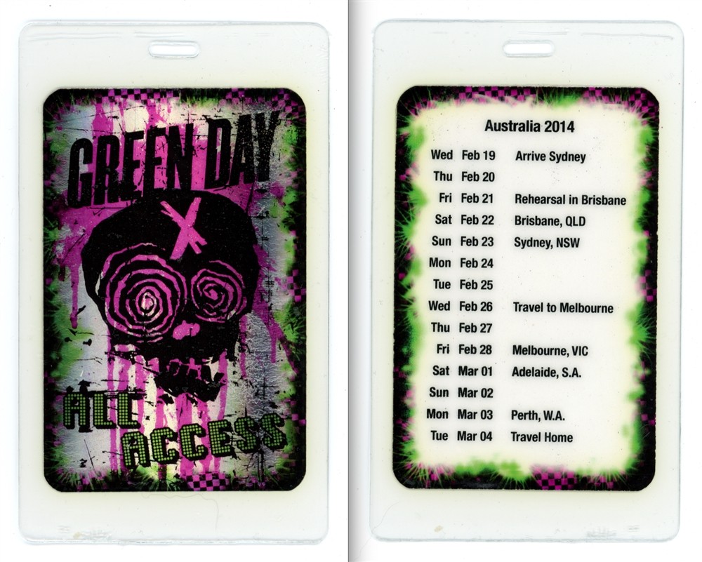 Green Day 2014 Australia ALL ACCESS Laminated Backstage Pass