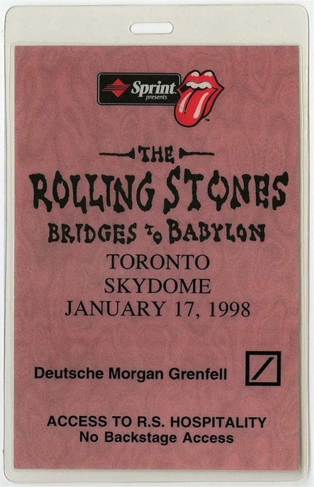 Rolling Stones 1997 Bridges to Babylon Tour Hospitality Laminated Backstage Pass