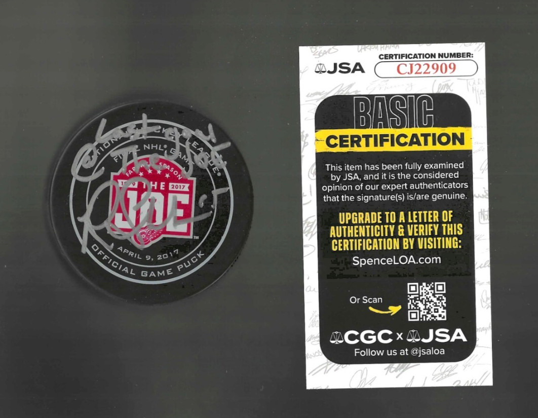 Riley Sheahan Signed Last Goal @ The Joe Detroit Red Wings JLA Farewell Puck JSA