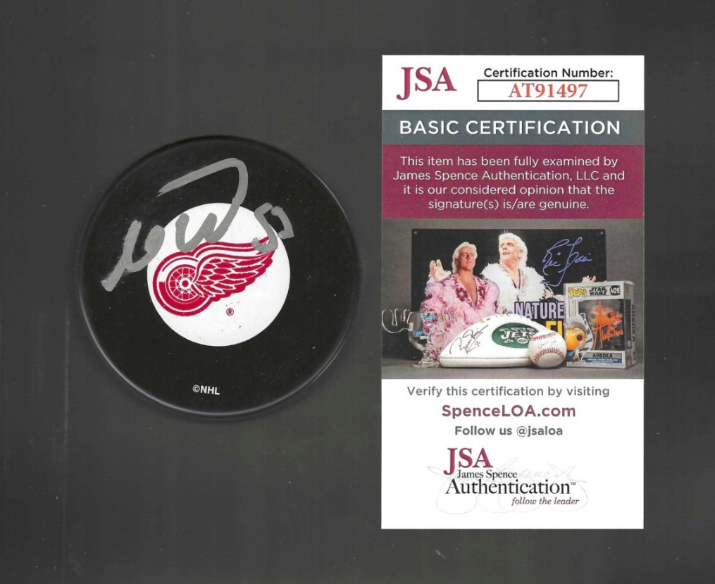 Moritz Seider Signed Detroit Red Wings Large Logo Puck JSA COA