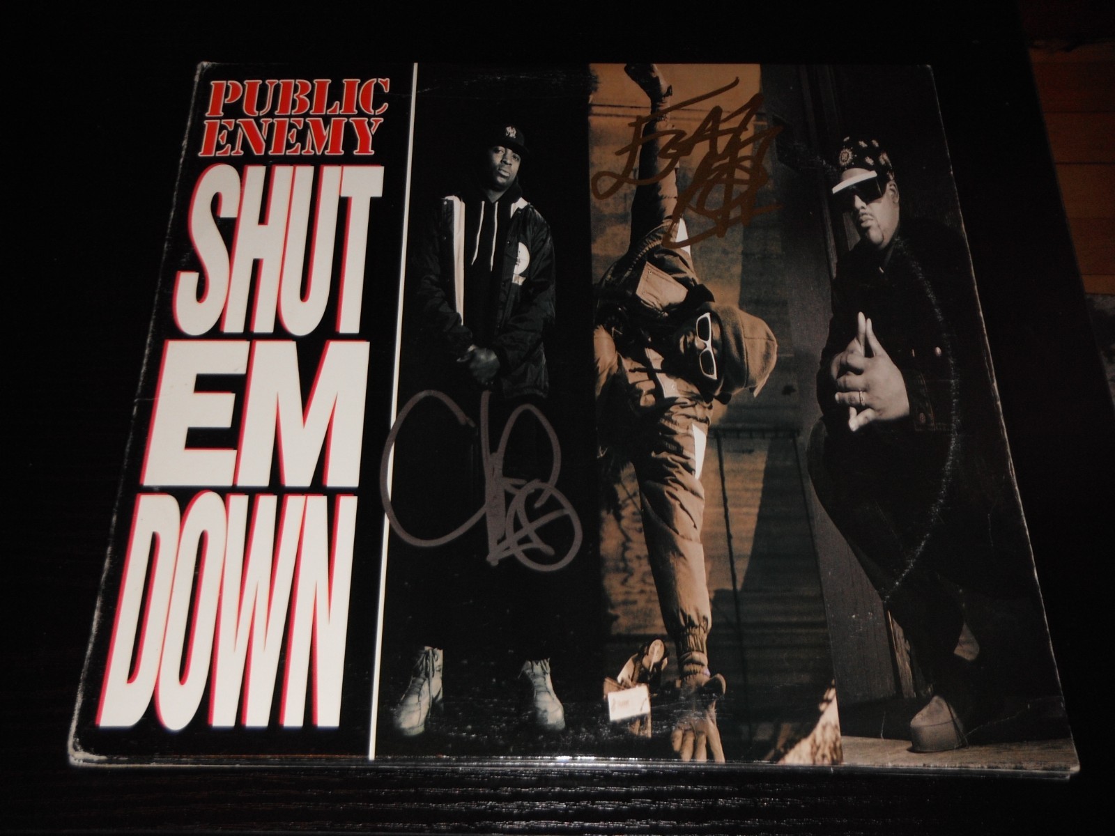 PUBLIC ENEMY GROUP SIGNED SHUT EM DOWN VINYL ALBUM FLAVA FLAV AND CHUCK D