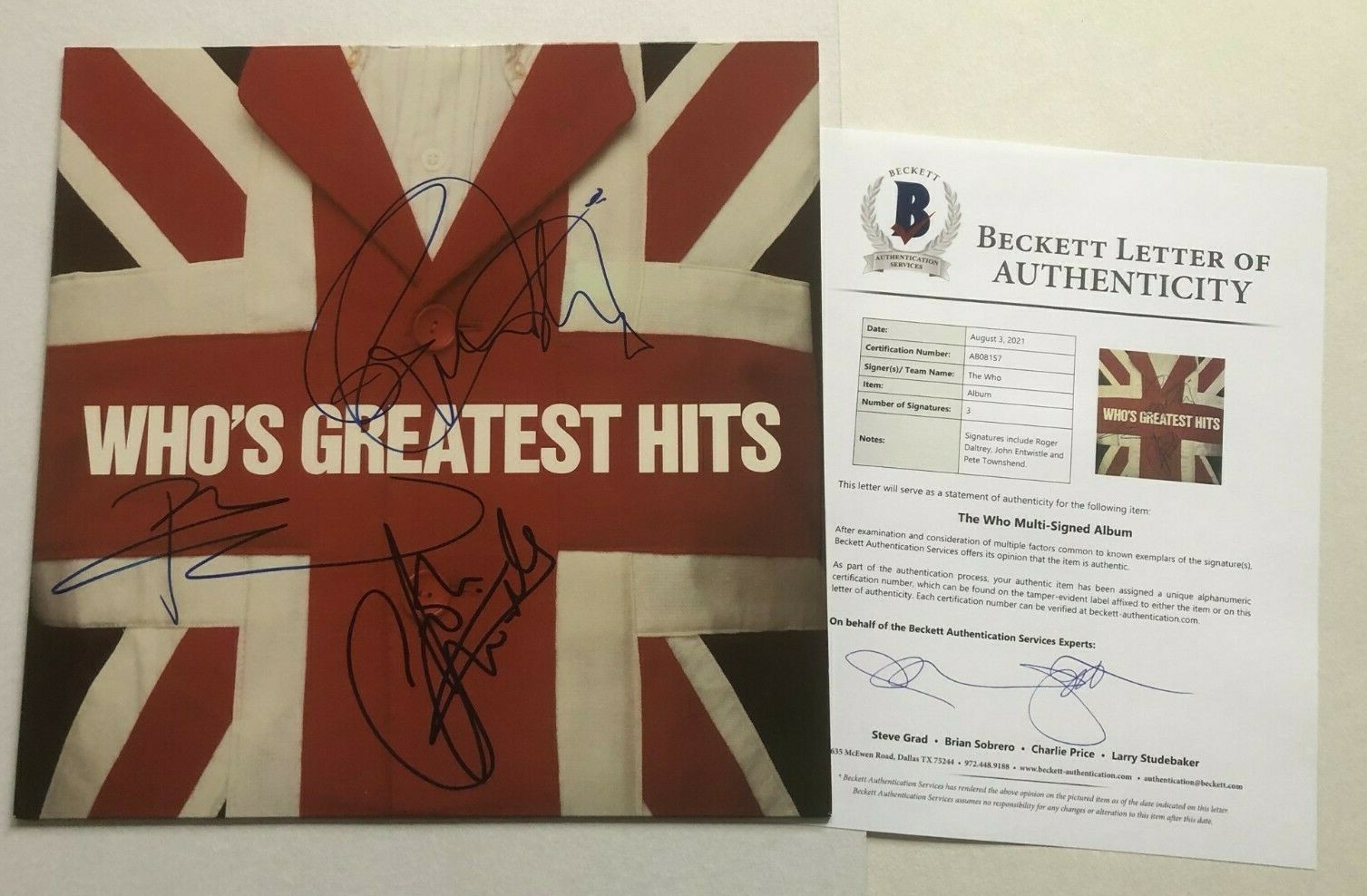 TOWNSHEND, DALTREY & ENTWHISTLE Signed WHO'S GREATEST LP ALBUM COVER w/ BAS LOA