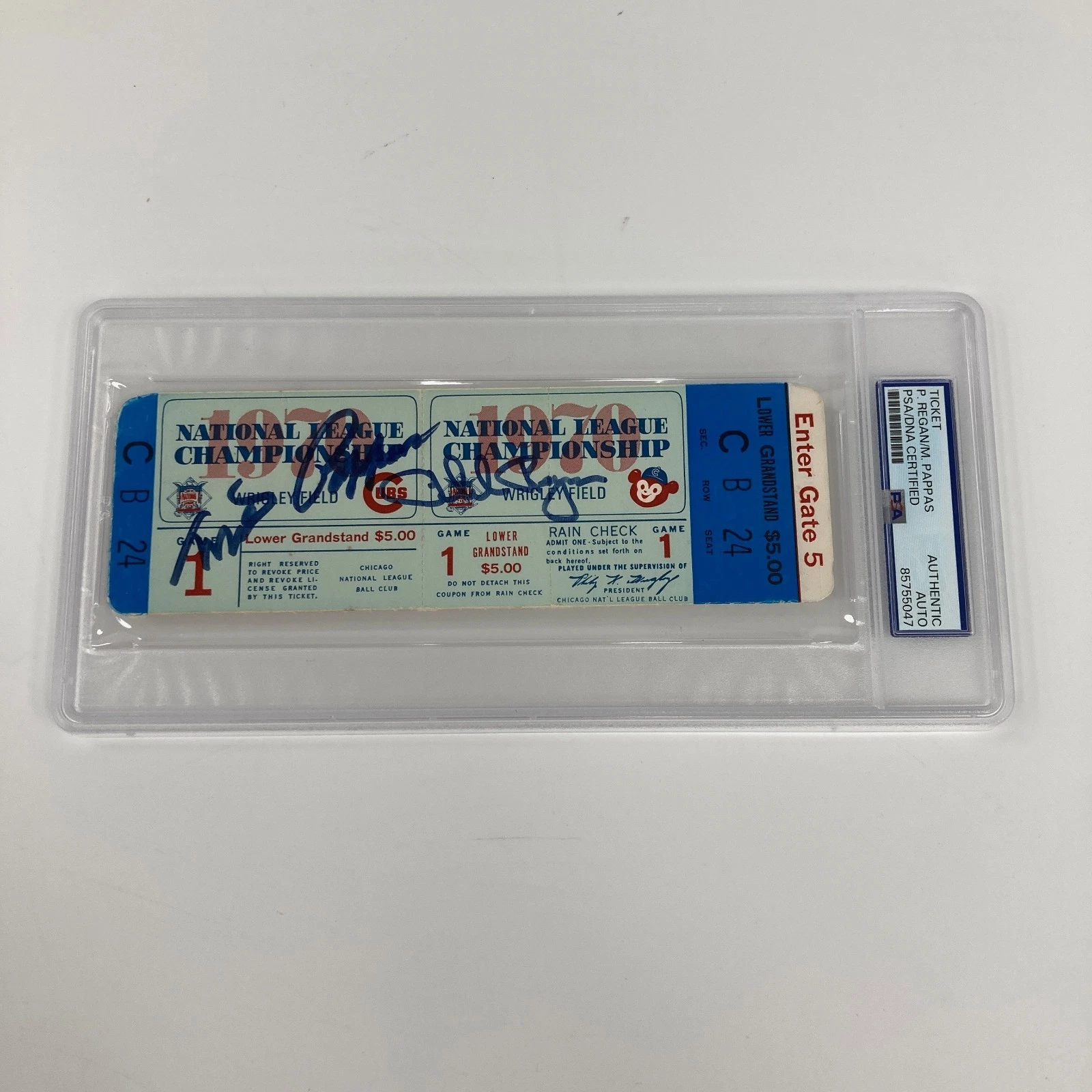 Phil Regan Milt Pappas Signed 1970 NLCS Chicago Cubs Full Ticket PSA DNA