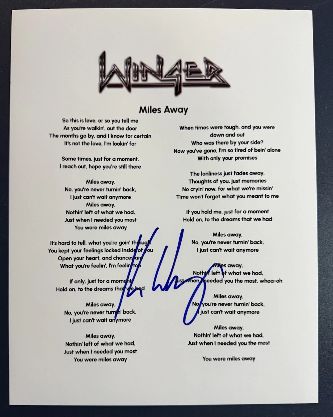 KIP WINGER SIGNED LYRIC SHEET WINGER BAND SINGER MILES AWAY AUTOGRAPH COA