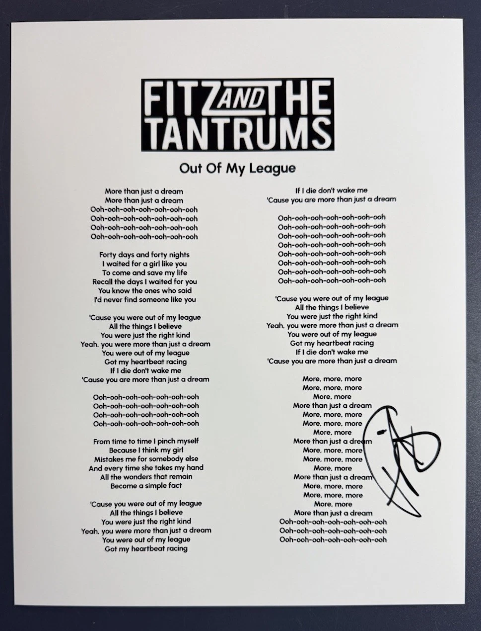 MICHAEL FITZPATRICK SIGNED LYRIC SHEET FITZ & THE TANTRUMS AUTOGRAPH COA
