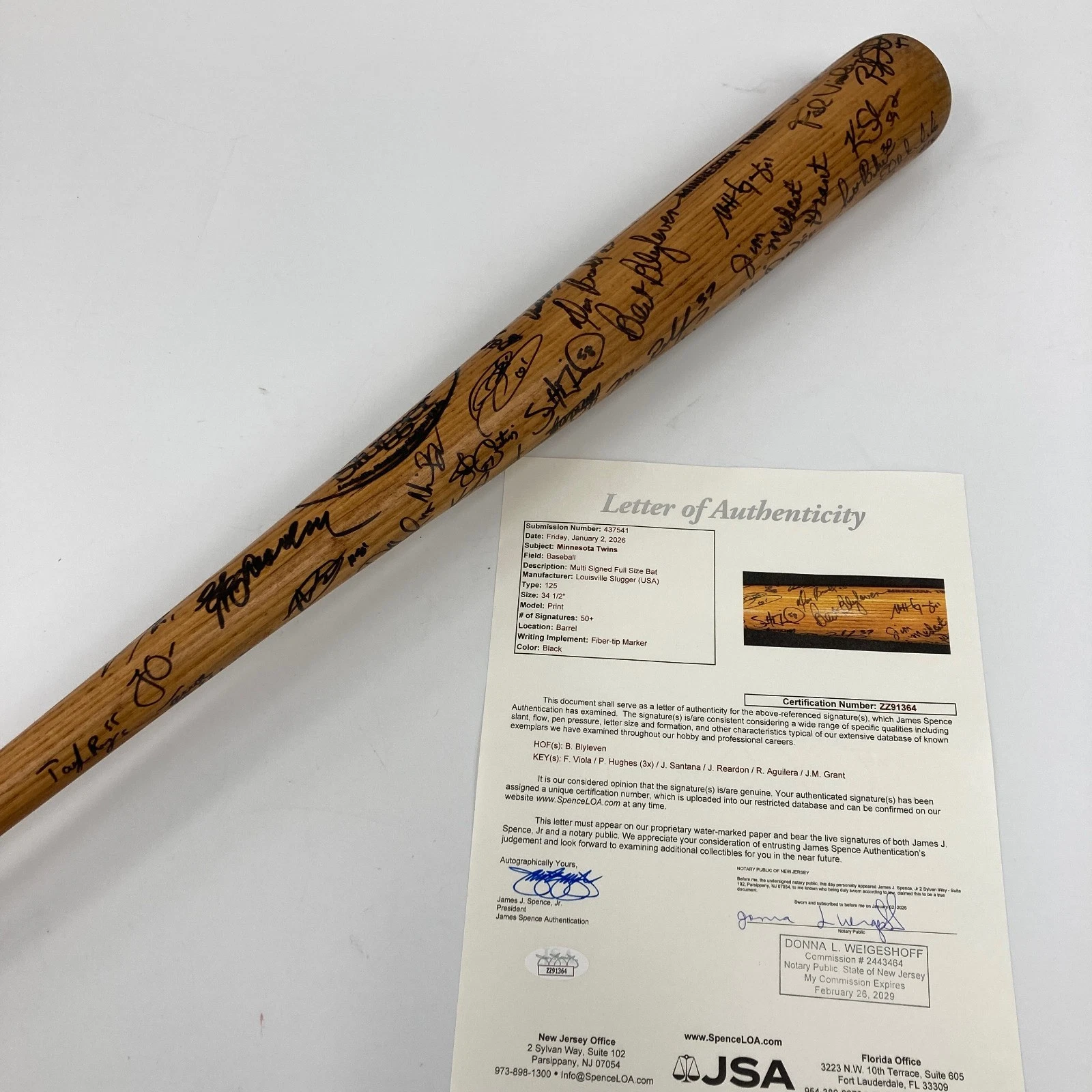Minnesota Twins Pitchers Multi Signed Game Used Baseball Bat 50+ Sigs JSA COA