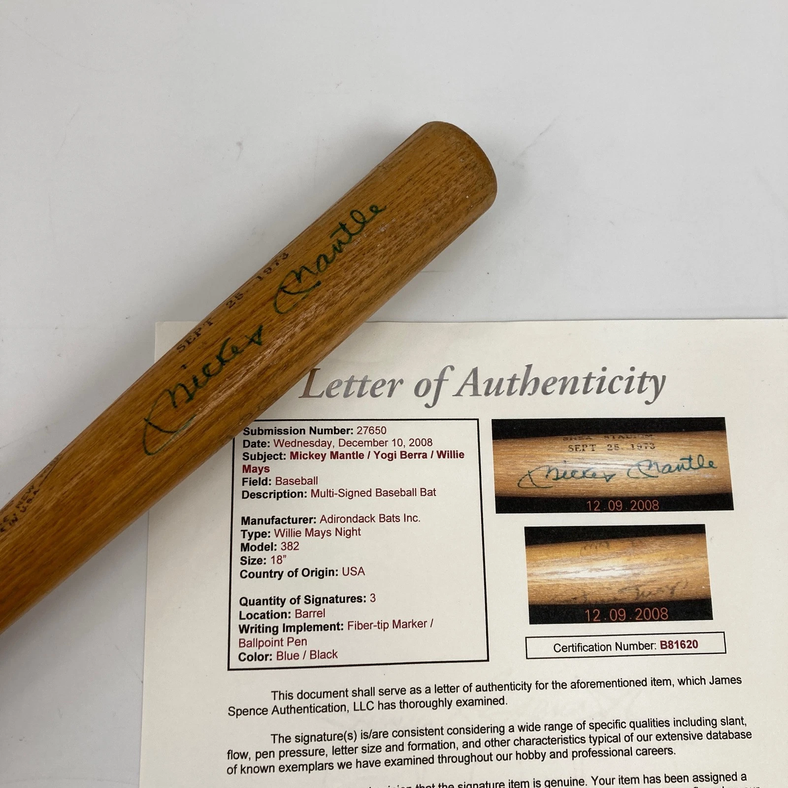 Mickey Mantle & Willie Mays Signed 1973 Willie Mays Night Mini Baseball Bat JSA