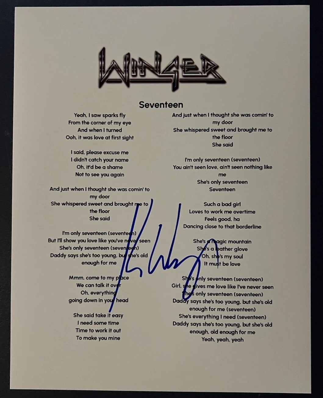 KIP WINGER SIGNED LYRIC SHEET WINGER BAND SINGER SEVENTEEN AUTOGRAPH COA
