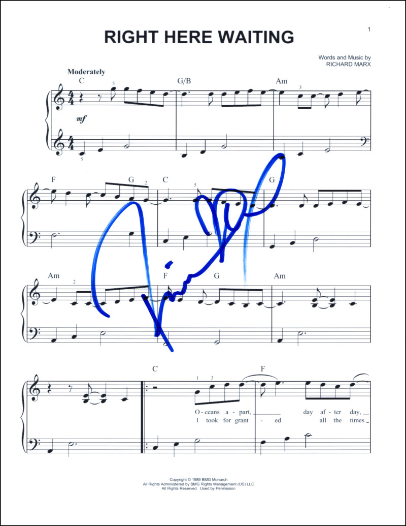 Richard Marx Signed Autograph Right Here Waiting Sheet Music Repeat Offender