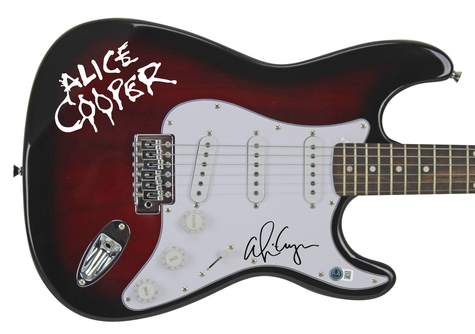 Alice Cooper Authentic Signed Red Sunburst Electric Guitar w/ Decal BAS Witness