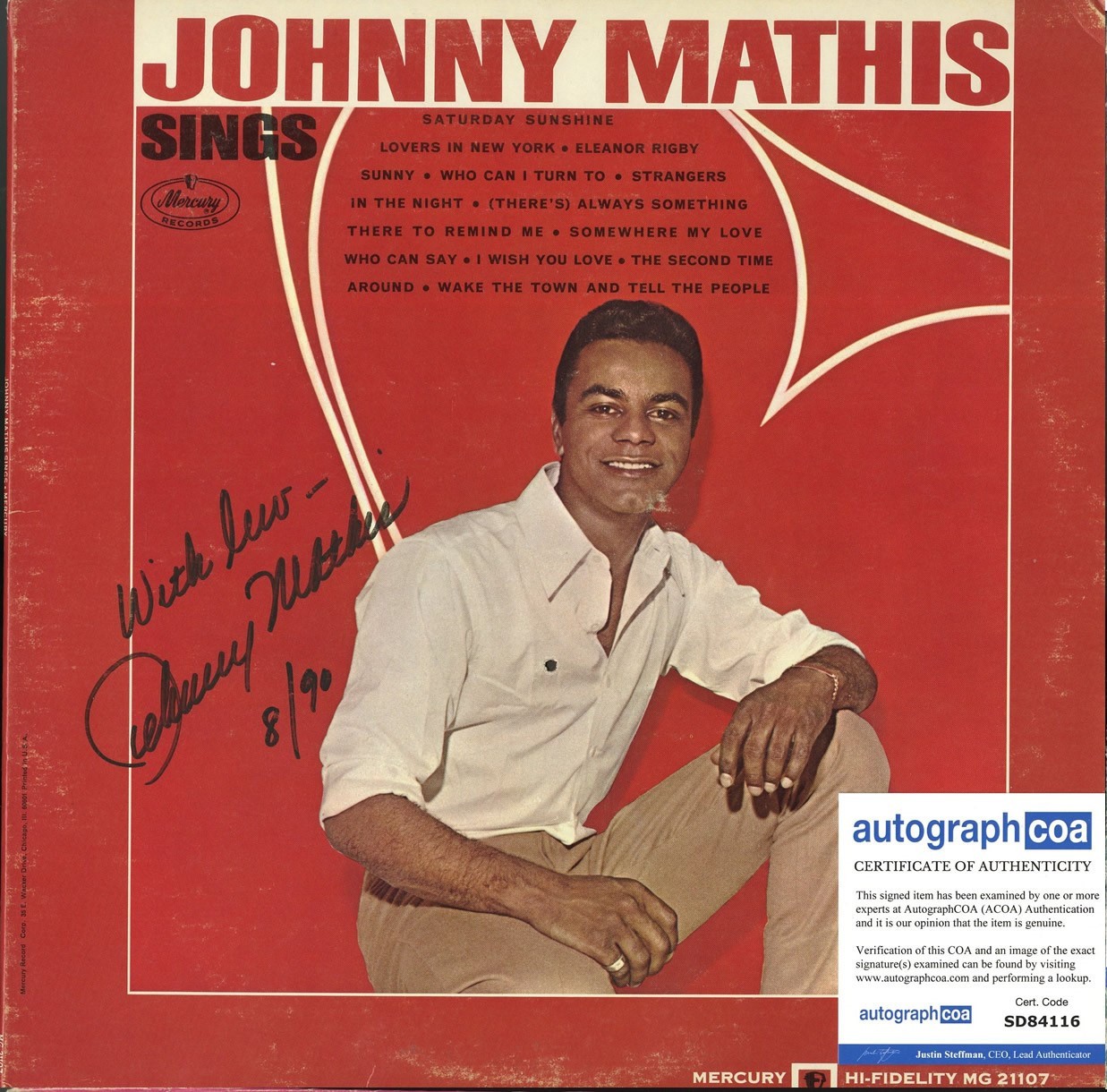 Johnny Mathis Sings...   Signed Vinyl Record ACOA
