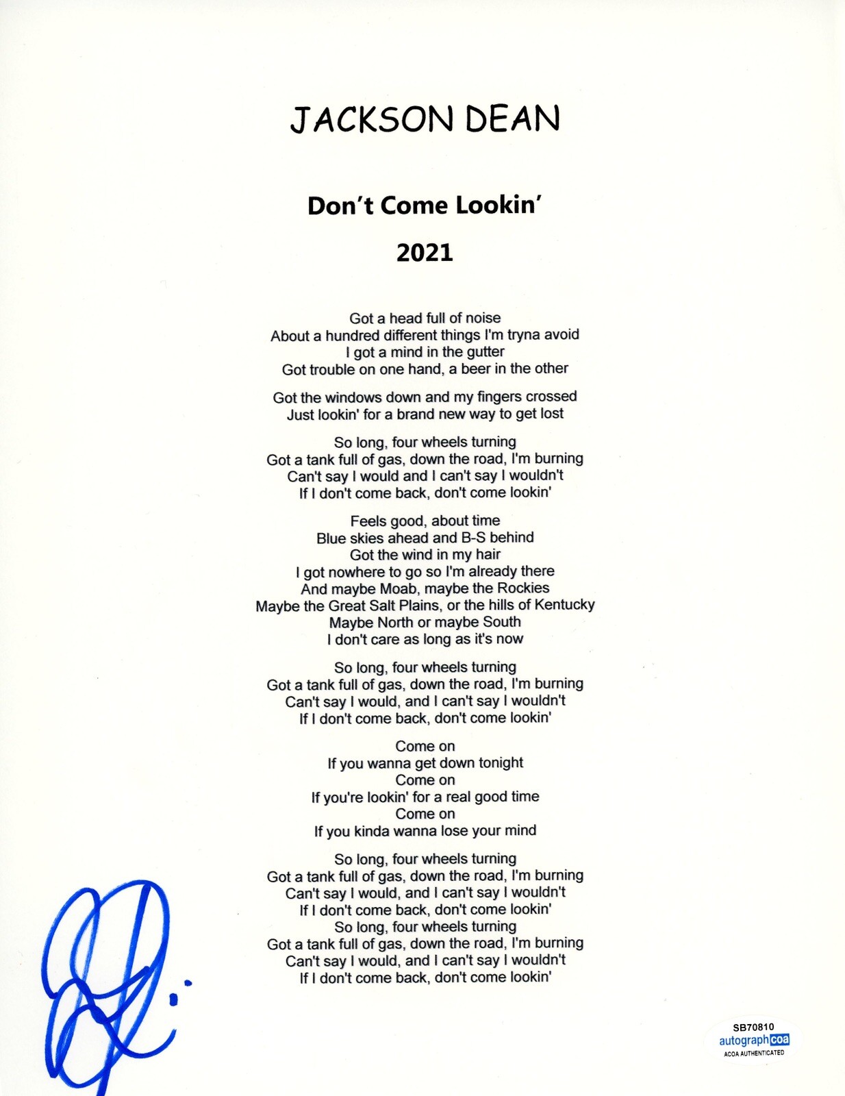 COUNTRY STAR JACKSON DEAN SIGNED LYRIC SHEET YELLOW STONE DONT COME LOOKIN ACOA