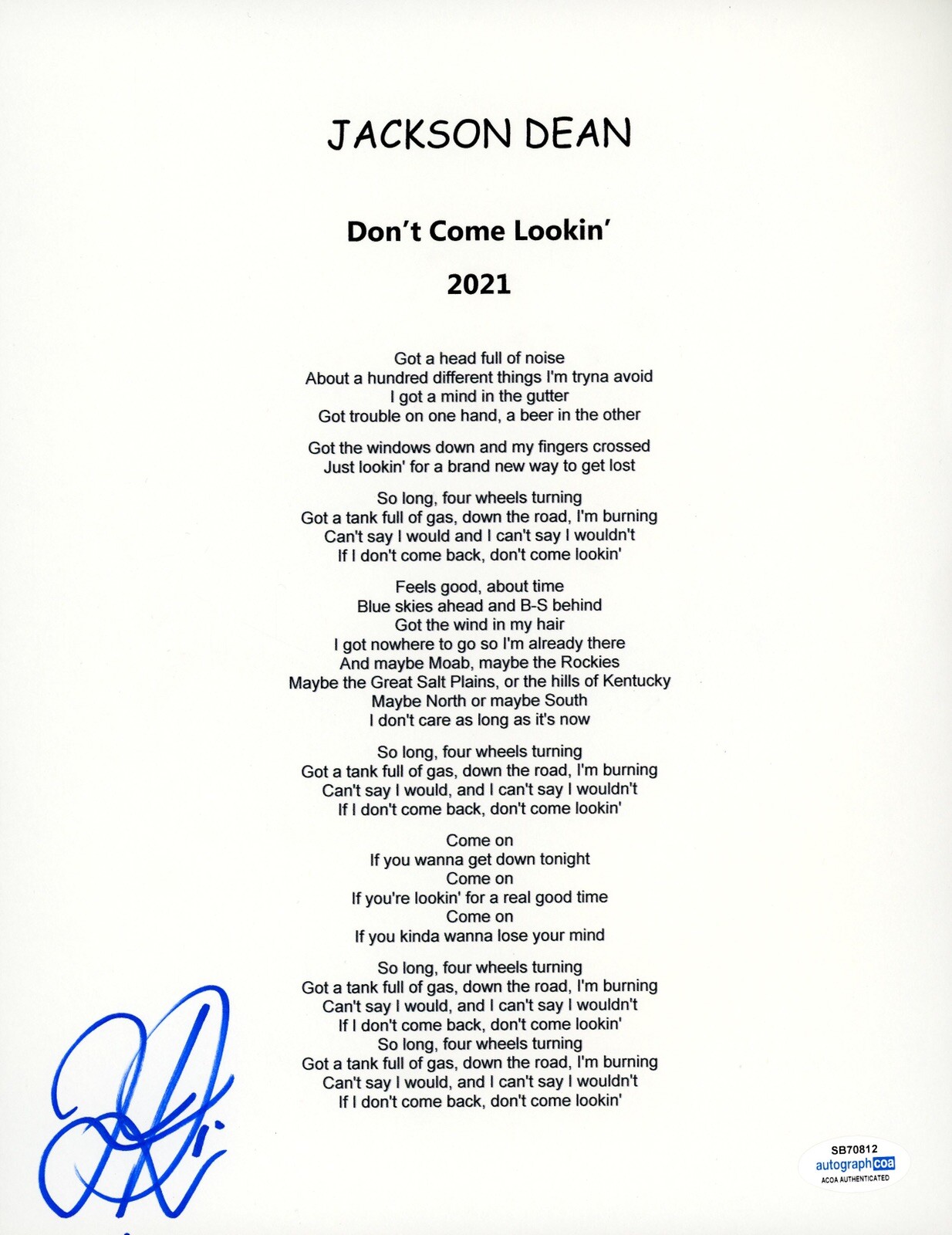 COUNTRY STAR JACKSON DEAN SIGNED LYRIC SHEET YELLOW STONE DONT COME LOOKIN ACOA