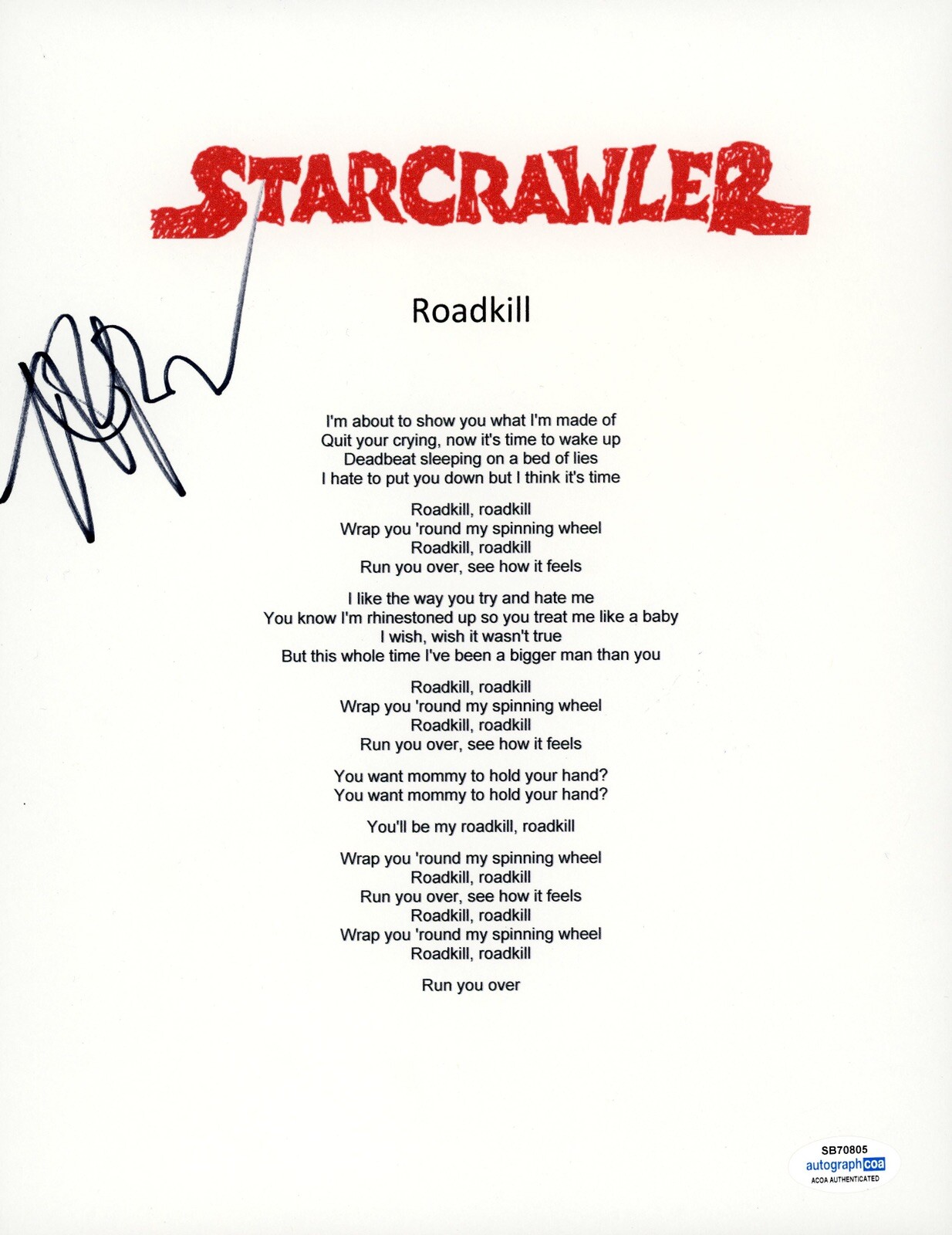ROCK BAND STARCRAWLER ARROW DE WILDE SIGNED AUTO LYRIC SHEET ACOA CERTIFIED Road