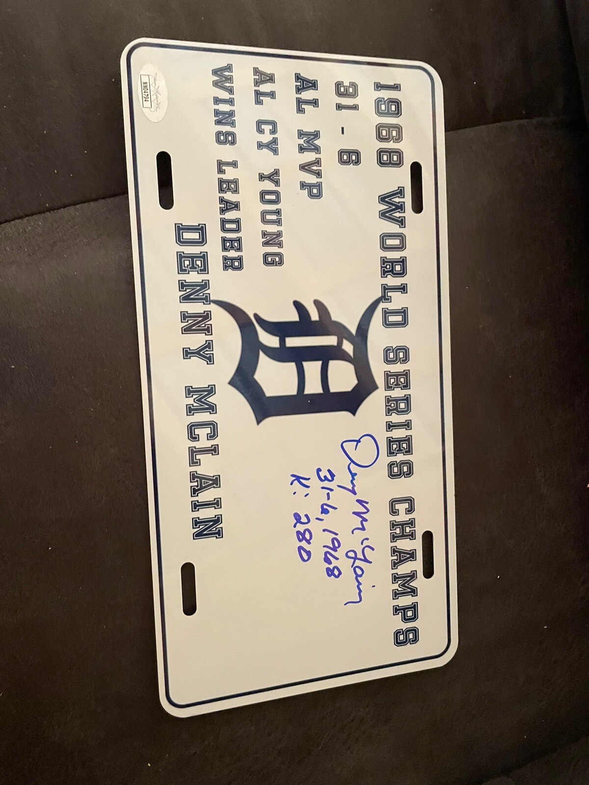 DETROIT TIGERS DENNY MCLAIN SIGNED AUTOGRAPHED LICENSE PLATE JSA COA 1968 WS CHA