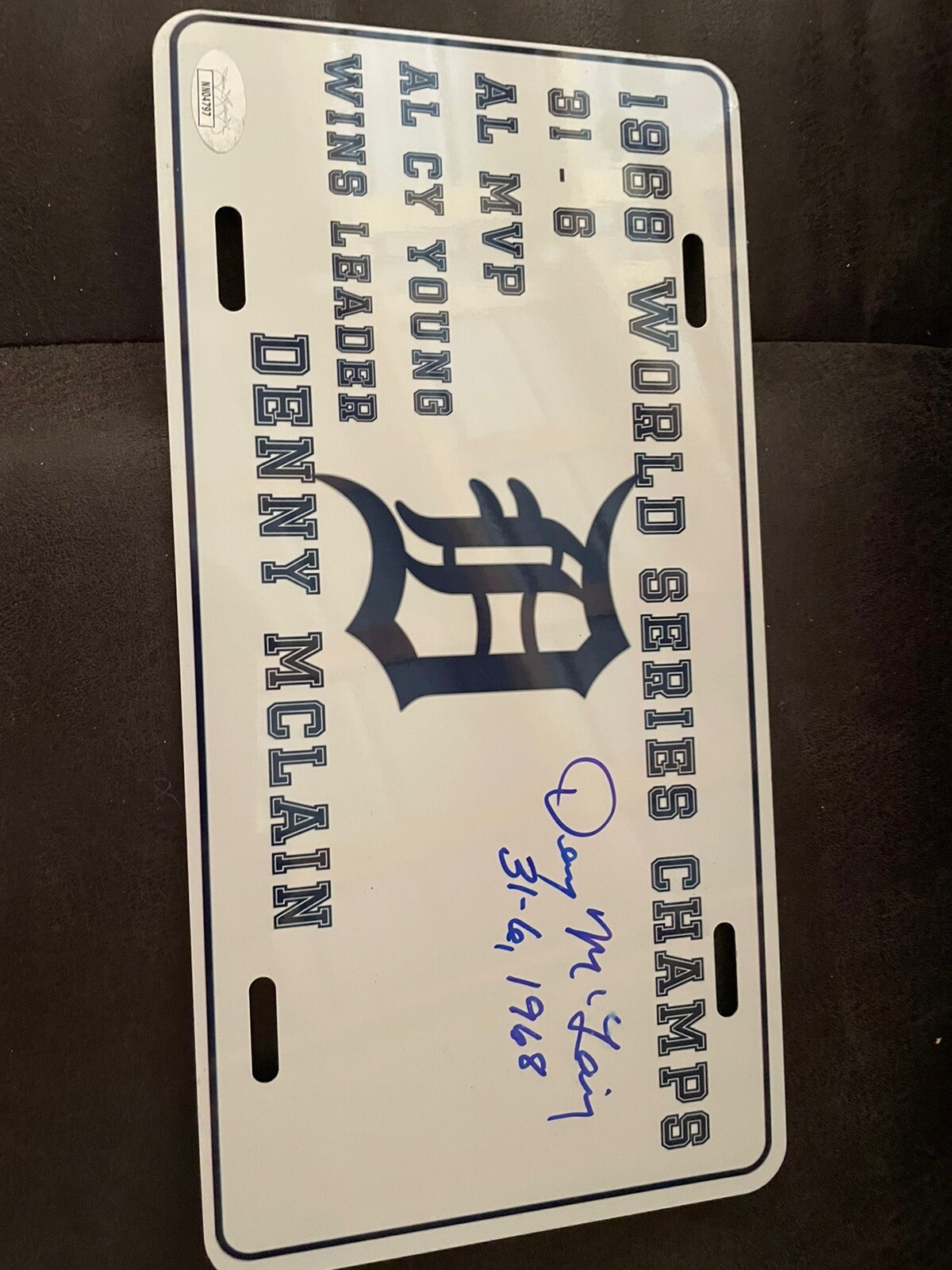 DETROIT TIGERS DENNY MCLAIN SIGNED AUTOGRAPHED LICENSE PLATE JSA COA 1968 WS CHA