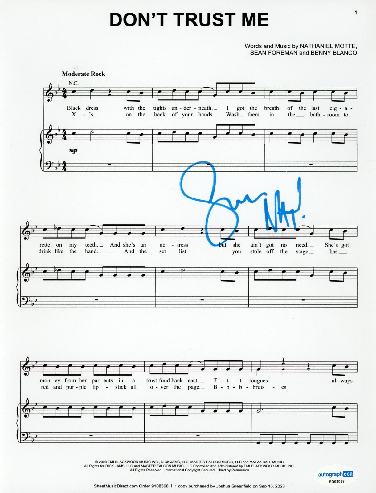 3oh!3 SEAN FOREMAN NATHANIEL MOTTE SIGNED AUTOGRAPHED LYRIC ACOA CERT DONT TRUST
