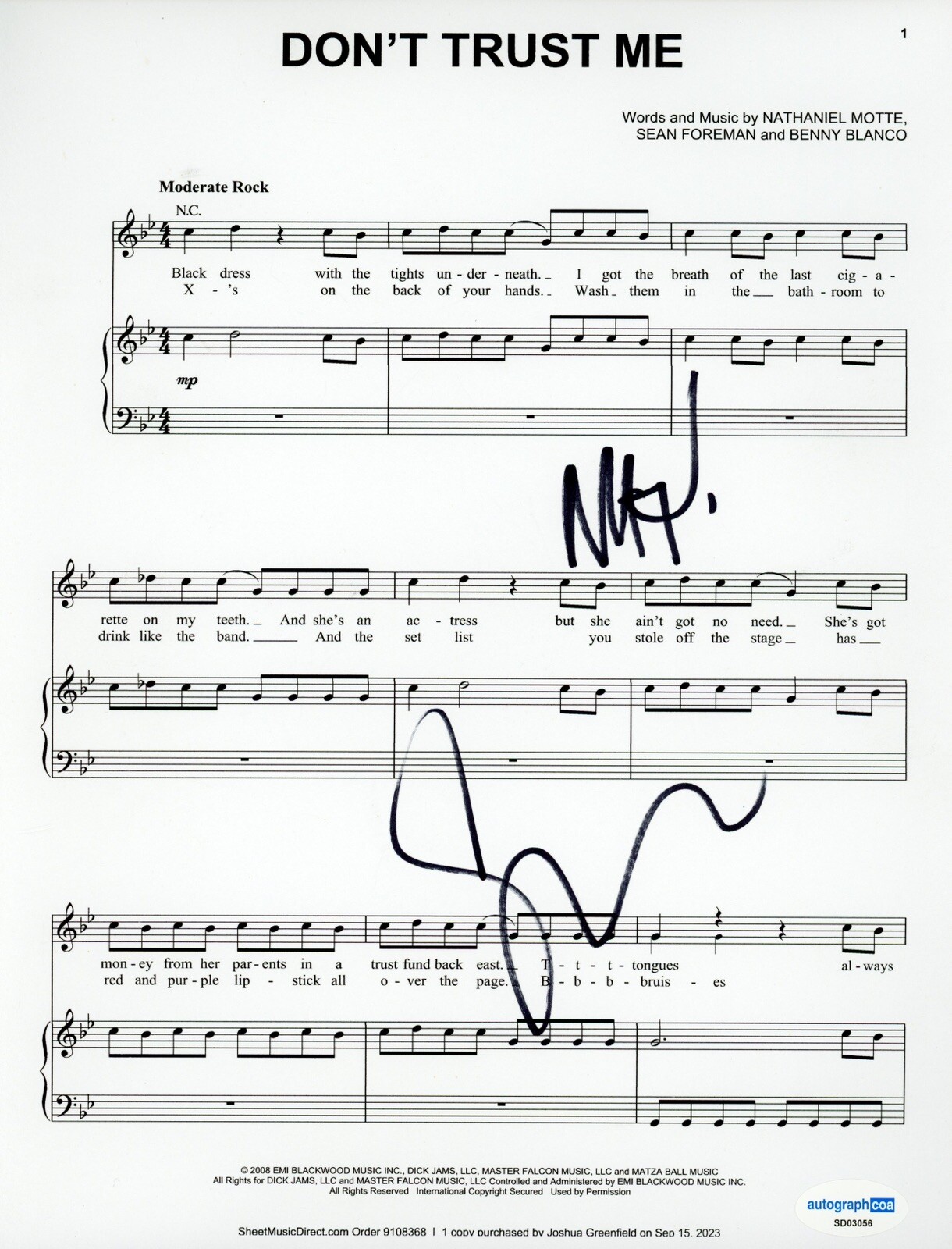 3oh!3 SEAN FOREMAN NATHANIEL MOTTE SIGNED AUTOGRAPHED LYRIC ACOA CERT DONT TRUST