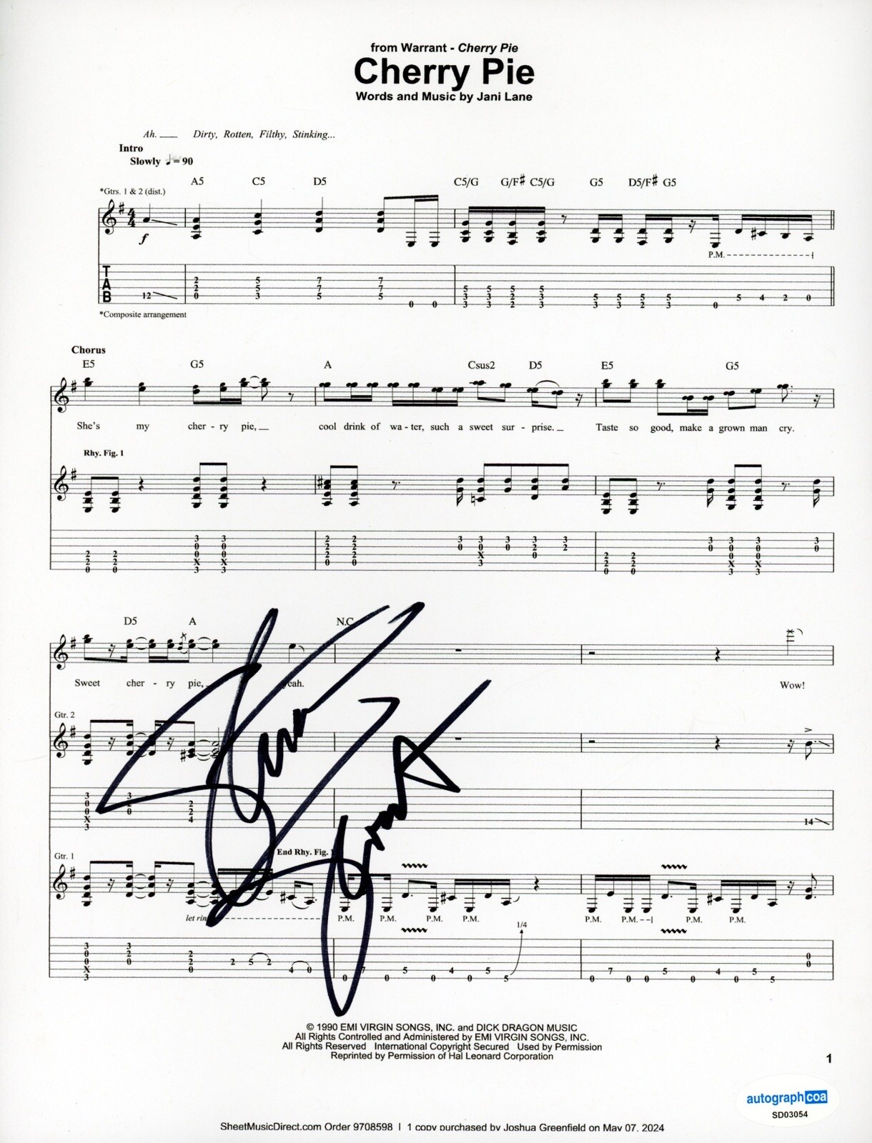 WARRANT STEVEN SWEET SIGNED AUTOGRAPHED CHERRY PIE LYRIC SHEET ACOA CERTIFIED