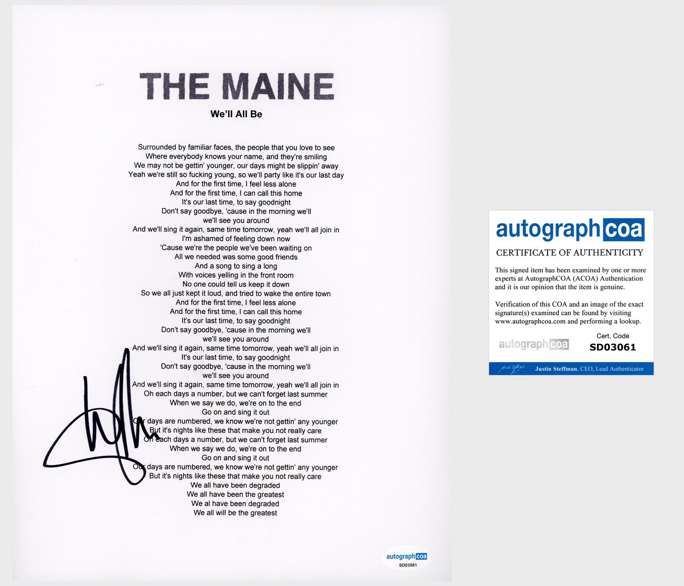 THE MAINE JOHN O’CALLAGHAN SIGNED LYRIC SHEET AUTOGRAPH ACOA CERTIFIED WELL ALL
