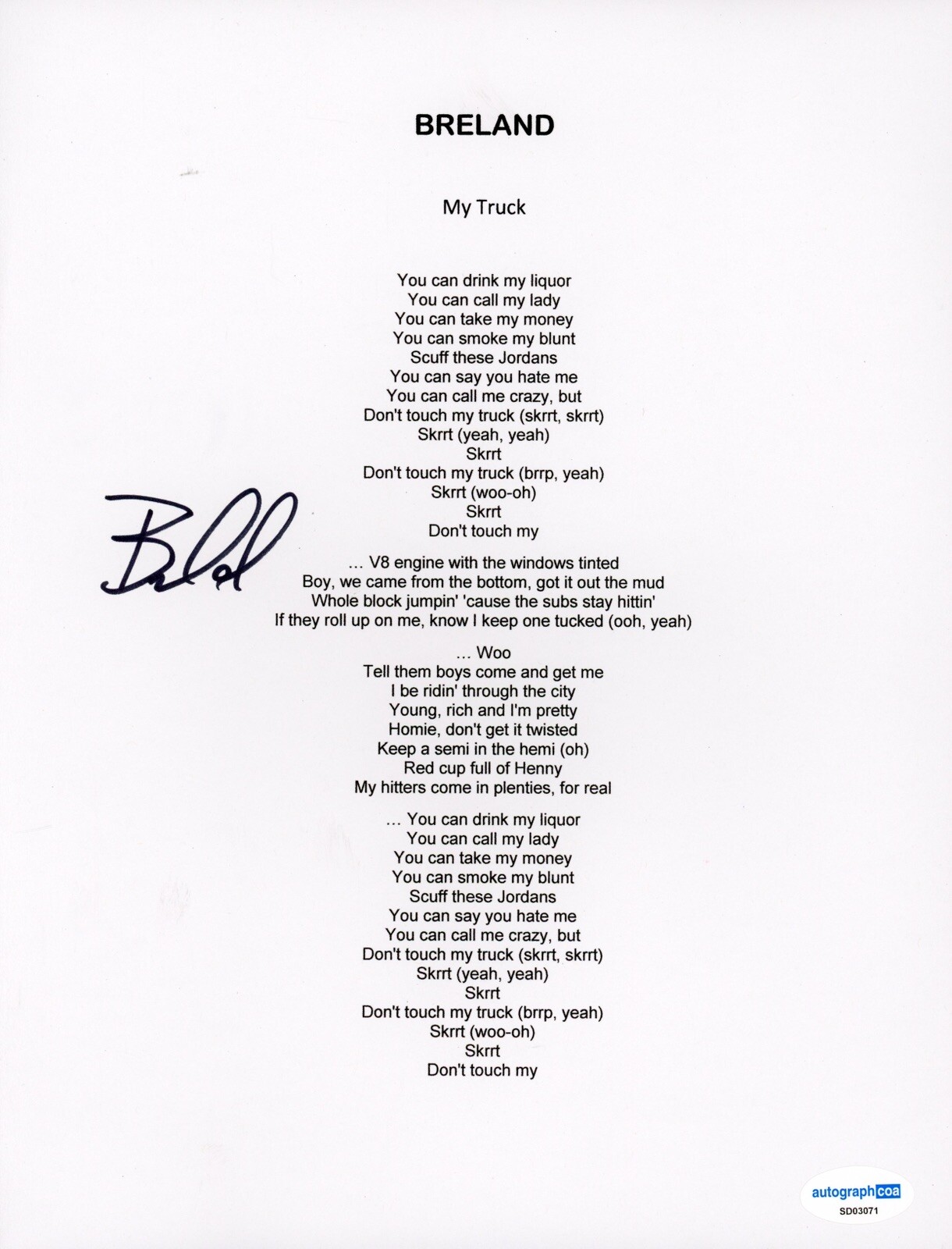 COUNTRY STAR BRELAND SIGNED AUTOGRAPHED LYRIC SHEET ACOA CERTIFIED MY TRUCK