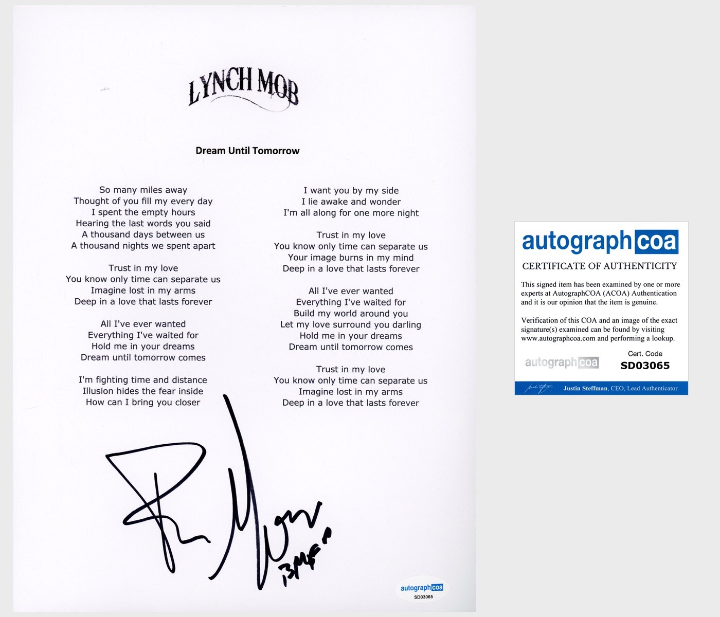 LYNCH MOB BAND ROBERT MASON SIGNED AUTOGRAPHED LYRIC SHEET ACOA CERTIFIED